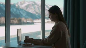 glücklich weiblich Freiberufler Arbeiten von Zuhause mit ein Laptop während Sitzung beim ein Tabelle durch das Fenster. video