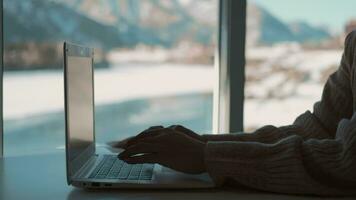 detailopname vrouw freelancer werken van huis gebruik makend van laptop terwijl zittend Bij een tafel door de venster. video