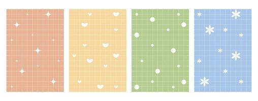 Cute retro backgrounds. Colored background with grid and decorative element heart, dots, flower, spark. Collection of y2k backgrounds vector