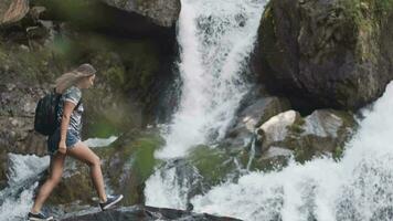 une femelle touristique avec une sac à dos grimpe sur le bord de une falaise et soulève le sien mains en haut dans de face de une grand cascade. content fille jouit succès. video