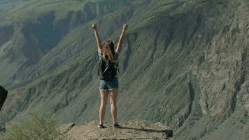 een geslaagd vrouw staat Aan een klif van een berg en verhoogt haar handen omhoog. de pad naar succes en geluk. video