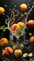 ai generado agua chapoteo, Fruta en un negro antecedentes vino, albaricoque y durazno, manzana y naranja, real foto