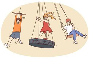 los niños felices se divierten montando columpios al aire libre. los niños sonrientes disfrutan de la actividad de ocio de verano en la calle. concepto de infancia. ilustración vectorial vector