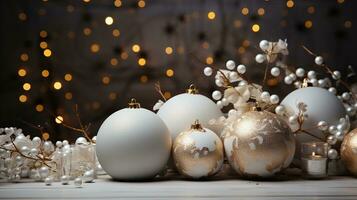 AI generated Christmas background with Christmas balls. Copy Space. Created with Generative AI photo