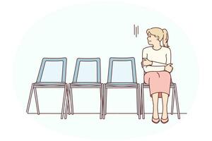 Anxious young woman sit on chair in corridor waiting or appointment. Stressed female feel worried wait in line in hallway. Vector illustration.