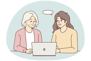 Smiling young woman help elderly female deal with modern laptop. Happy grownup daughter and mature mom use computer together. Technology and aged people. Vector illustration.