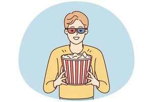 Happy young man in 3D glasses and popcorn in hands enjoy weekend in movie theater. Smiling guy with snack before film in cinema. Vector illustration.