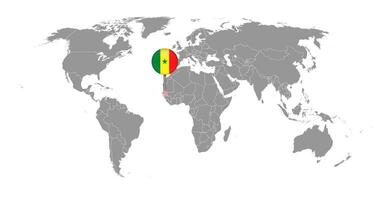 Pin map with Senegal flag on world map. Vector illustration.