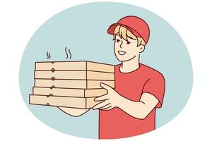 Smiling male courier in uniform deliver hot pizza to client. Happy deliveryman with pizza boxes in hands. Food delivery service. Vector illustration.