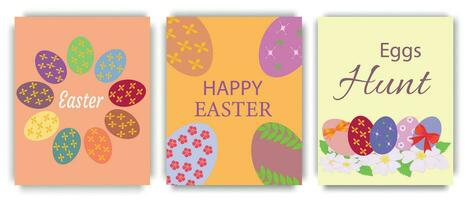 Happy Easter holiday, Easter egg hunt posters or invitation template with floral design of painted eggs on bed background. International spring holiday design. Vector illustration.