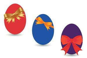 A set of colored Easter eggs with bright large bows. Festive Easter concept. Vector illustration.