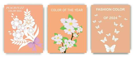 A set of minimal posters in a trendy color palette with bouquets of spring flowers. Fashionable color of 2024. Abstract floral pattern. Peach is a new trend. Vector illustration.