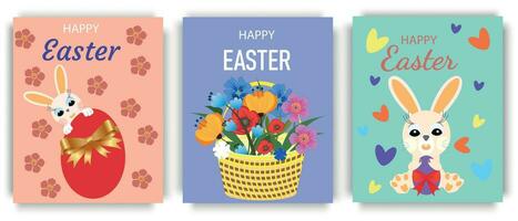Greeting cards for the Resurrection of Christ. eggs with golden bows, baskets with flowers and a cute Easter bunny. Collection of colorful posters for Easter. Vector illustration.