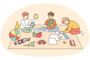 Happy kids sitting on floor playing with toys together. Smiling children have fun enjoy game activity in group. Childhood. Vector illustration.