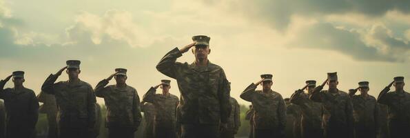 ai generado militar hombres en uniforme saludando en el campo foto