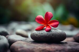 AI generated Spa stones and red frangipani flower. Neural network AI generated photo