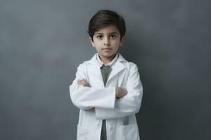 AI generated a young child dressed in a white lab coat, standing with his arms crossed. He is wearing a tie and appears to be in a formal attire. The boy seems confident, possibly posing for a photo. photo