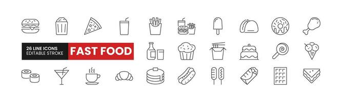 Set of 26 Fast Food line icons set. Fast Food outline icons with editable stroke collection. Includes Burger, Soda, Ice Cream, Hotdog, Pancakes, and More. vector