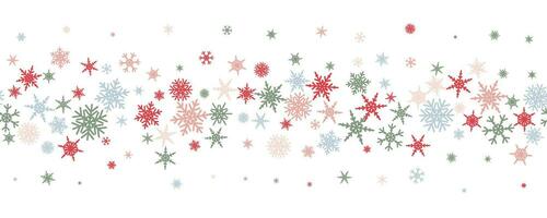 Snowflakes vector background. Winter holiday decor with multicolor crystal elements. Graphic icy frame isolated on white backdrop.