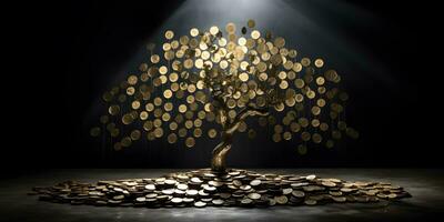 AI generated Gold tree growing out of coins on a dark background photo