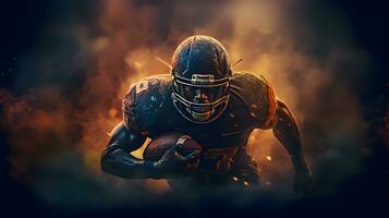 AI generated American football player in action on a dark background photo