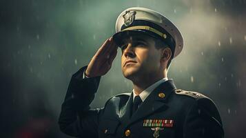 AI generated Young man in a military uniform in the rain photo