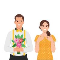 Romantic man holding flowers and happy woman delighted with gift bouquet from boyfriend. vector