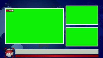 Breaking news lower third three green screen display world map with blank text and seamless looping animation 4k video