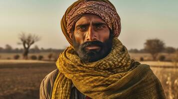 AI generated a weathered, older man with a beard standing in an open field. He is wearing a hat and a long scarf, possibly indicating a colder climate or personal style. The man is staring directly into the camera, capturing the viewer's attention. photo