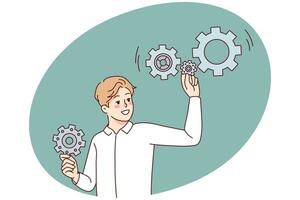 Man with gear mechanisms look for problem solution. Smiling businessman with gears brainstorm search for answer. Vector illustration.