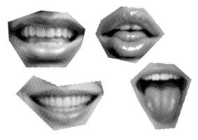 conjunto acortar Arte boca y labios, sonrisa, lengua, puntos punk y2k negro y blanco collage elementos vector