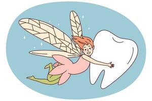 Smiling fairy flying with tooth. Happy pixy cartoon character with children teeth. Vector illustration.