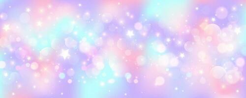 Purple unicorn background. Pastel watercolor sky with glitter stars and bokeh. Fantasy galaxy with holographic texture. Magic marble wavy space. Vector