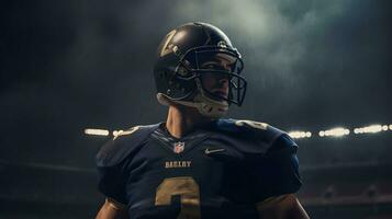 AI generated American football player in helmet and helmet on dark background with smoke photo