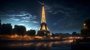 AI generated Night view of the Eiffel Tower from the Champ de Mars photo