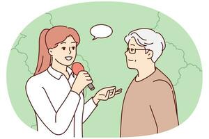 Female journalist with microphone interview elderly man in park. Woman with mic talk with old male on street. Vector illustration.