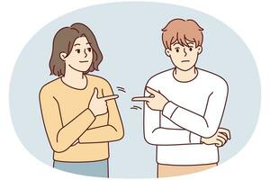 Couple point fingers at each other avoid responsibility in fight or argument. Stubborn man and woman put guilt on one another. Relationship problem. Vector illustration.