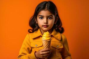 ai generado un joven niño participación un cremoso amarillo paleta de hielo foto