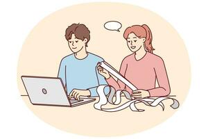 Young couple sit at table at home pay bills online. Man and woman manage expenses on internet on web banking on laptop. Vector illustration.