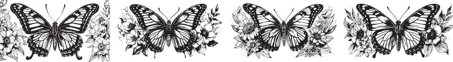 Monarch butterfly with flower silhouettes collection vector illustration isolated on white background.
