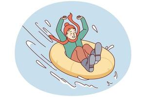 Happy child riding on inflatable ring from winter mountain. Smiling kid have fun enjoy holiday activities outdoors. Vector illustration.