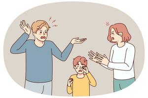 Little boy crying with mad parents argue near. Furious careless mother and father fight scream near small son. Children trauma, domestic violence. Vector illustration.