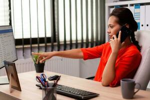 Entrepreneur businesswoman in professional call pointing at documents on computer screen. Busy freelancer working using smartphone from office to talk with clients sitting at desk looking at document. photo