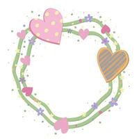 Vector rounded pastel frame with hearts and flowers isolated on white background