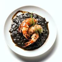 AI generated black risotto with mussels shrimps and cuttlefish photo