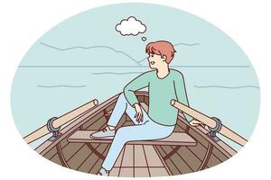 Happy man sit in boat in nature landscape thinking and imagining. Smiling guy relax in ship sailing in river dreaming and visualizing. Vector illustration.