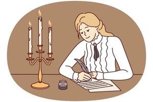 Young woman in retro clothes sit at desk write with feather and candles burning. Happy lady handwrite on paper during old times. Vintage style. Vector illustration.