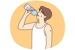 Thirsty young man suffer from heatstroke drinking water from bottle. Guy enjoy clean still liquid struggle with thirst or heat. Vector illustration.