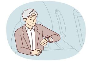 Mature rich man sit in airplane looking at wristwatch being in rush. Elderly male in business class of plane worried about miss deadline. Vector illustration.