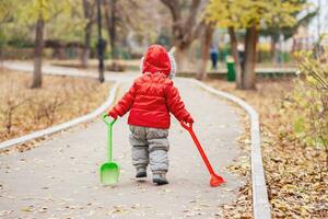 A small kid with a rake and a shovel walks in the park photo